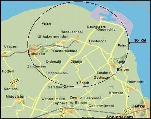 Kaart van het werkgebied: 10 kilometer rondom Roodeschool